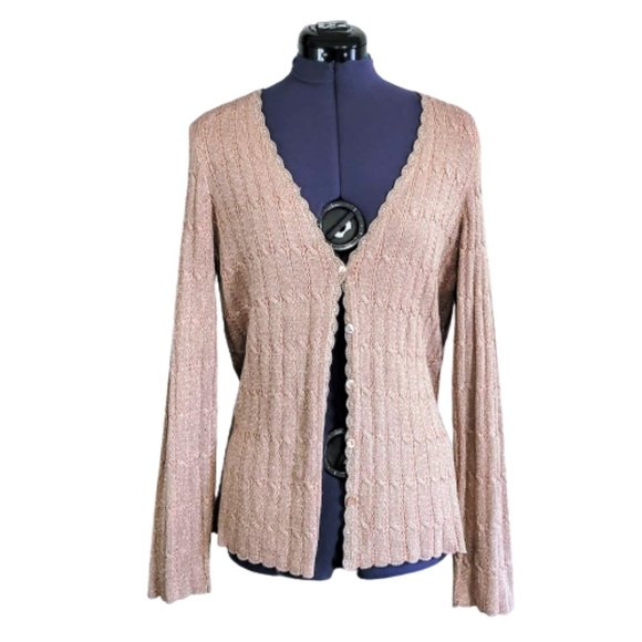 JH Collectibles Petite Beige and Pink Shimmer Silk Blend Cardigan Sweater - Picture 1 of 7